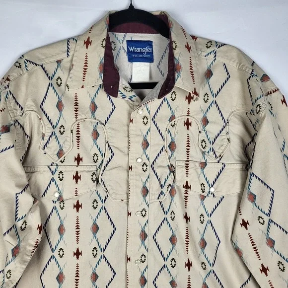 Vintage Wrangler Pearl Snap Shirt Mens XL Tan Long Sleeve Aztec Western Rodeo